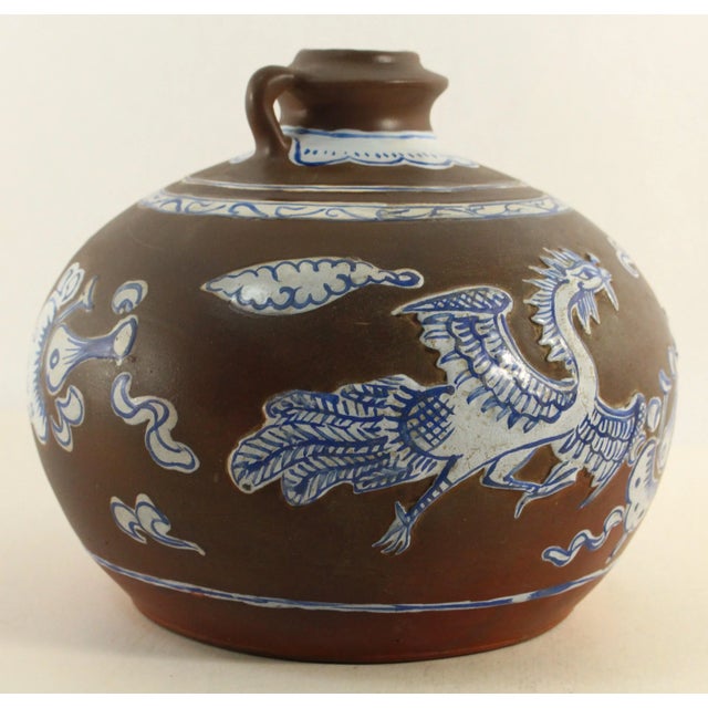 18th Century Chinese Export Kendi Jug Vessel Brown Purple Clay & Blue & White Feng Huang For Sale - Image 4 of 12