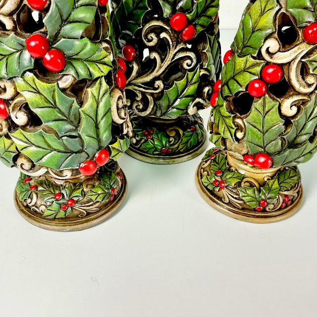 1990s Vintage Americana Boho Chic Christmas Holly Topiary Trees Holiday Accents - Set of 3. For Sale - Image 14 of 17