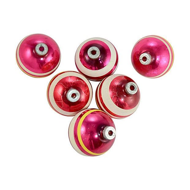 Vintage set of six Shiny Brite blown glass 2.5 inch orb ball sphere Christmas holiday tree ornaments in vibrant pink berry...