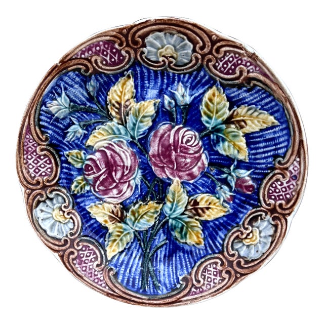 Majolica Roses Plate Wasmuel, Circa 1890 For Sale