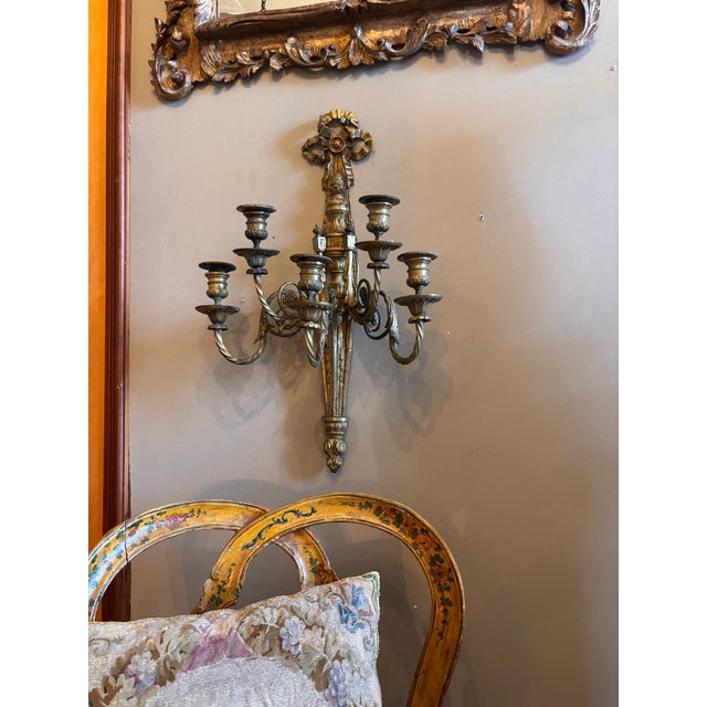 Louis XVI Style Gilt Bronze Five Arm Candle Wall Sconces For Sale - Image 9 of 11