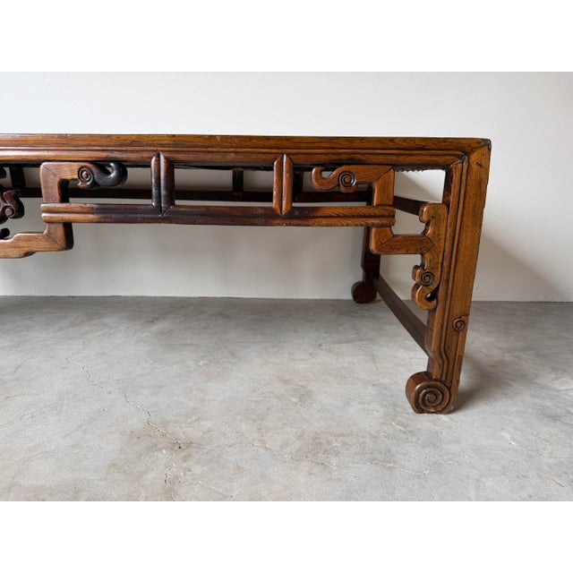 Antique Chinese Carved Wood Rectangular Coffee Table With Inset Rattan Top For Sale - Image 13 of 16