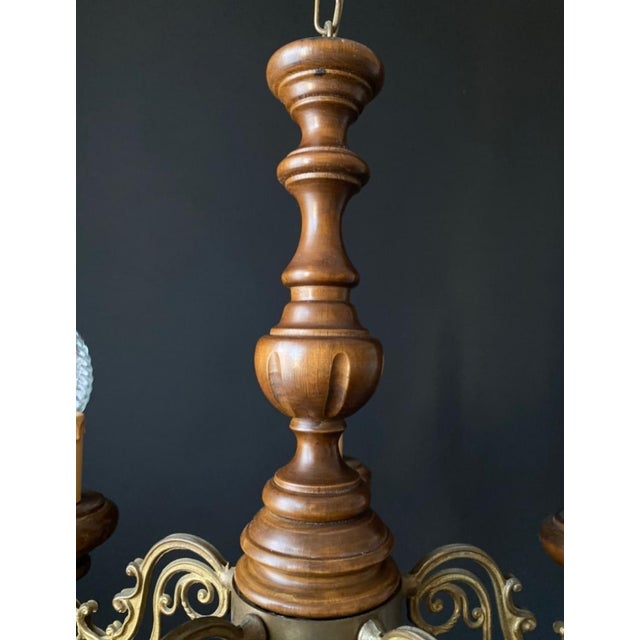 Antique Wood and Brass Chandelier, 1960s For Sale - Image 10 of 11