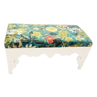 Custom Upholstered Carved Bench With Passiflora Fabric For Sale