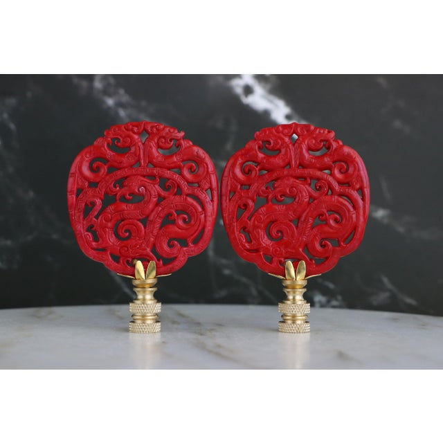 Chinoiserie Chinese Dragon Carved Stone Finials on Brass Hardware - A Matching Pair For Sale - Image 3 of 6