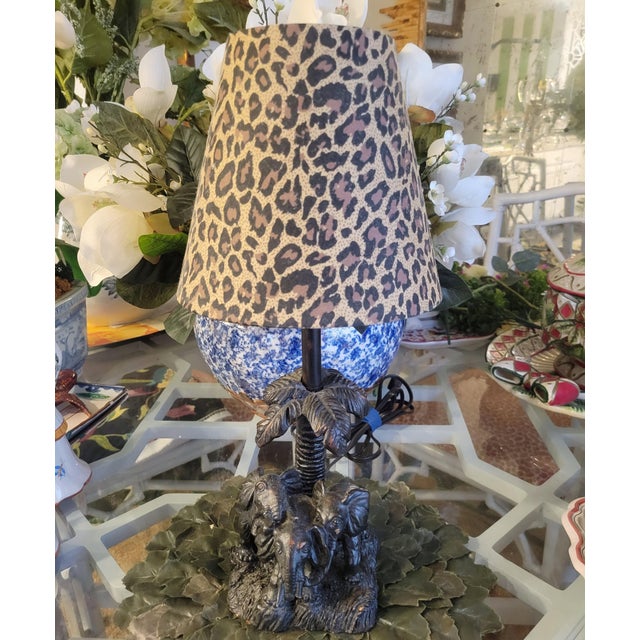Plastic Small Vintage Tropical Elephant Palm Tree Leopard Shade Maitland Smith Style Table Lamp For Sale - Image 7 of 8
