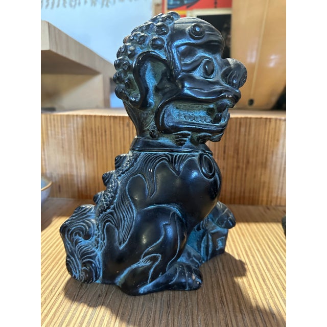 Mid 20th Century Mid 20th Century Black Glazed Terra Cotta Chinese Foo Dogs Lions- a Pair For Sale - Image 5 of 12