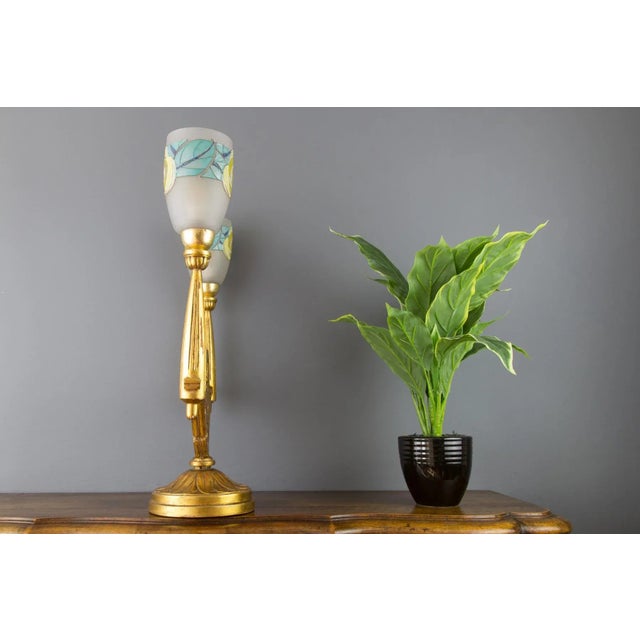 1930s Art Deco Carved Wood and Frosted Enamel Table Lamp, 1930s For Sale - Image 5 of 18