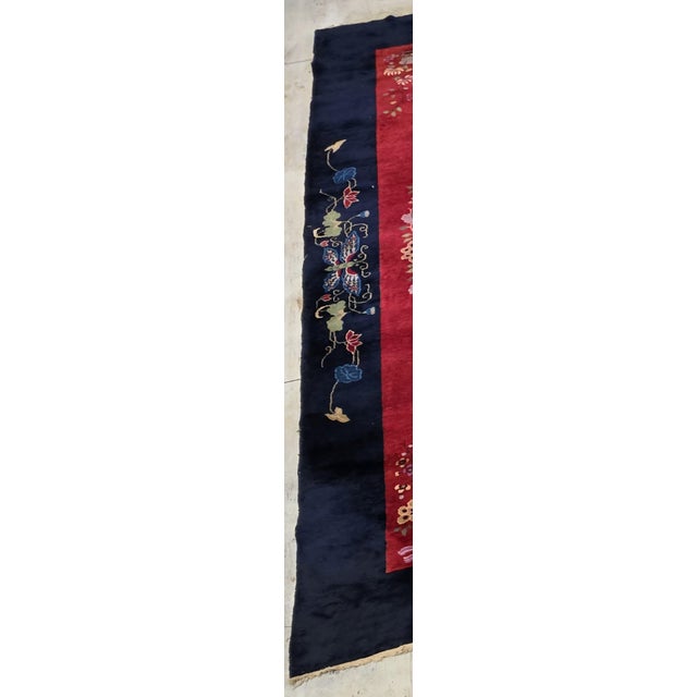 Art Deco Antique Chinese Art Deco Red and Navy Blue Floral Wool Rug For Sale - Image 3 of 7
