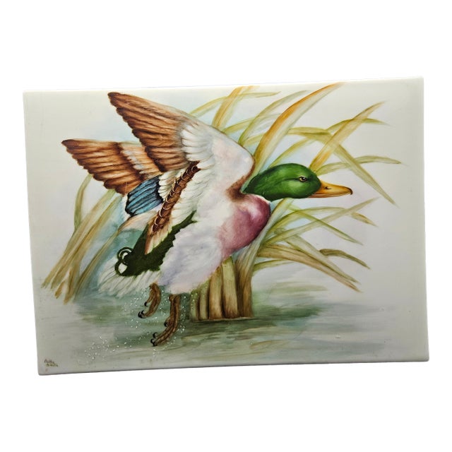 Vintage Mallard Duck Handpainted Scene, 1920's Tile For Sale