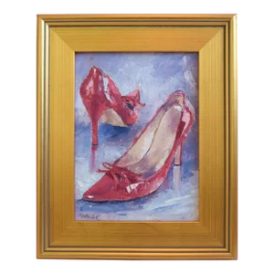 Impressionist Fashion Red Stiletto Evening Shoes Oil Painting Displayed in a Antiqued Gold Wood Frame
