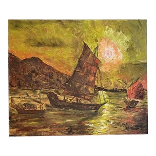 Vintage Original Sailing Ships Modern Painting on Board For Sale