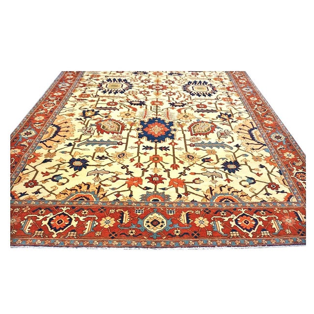 Ivory Persian Serapi 7x11 Ivory, Rust, & Blue Recreation Handmade Area Rug #1141228 For Sale - Image 8 of 11