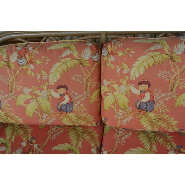 Figurative Vintage Lane Venture Tan Bamboo / Rattan Loveseat Settee W/ Orange / Monkey Cushions For Sale - Image 3 of 18