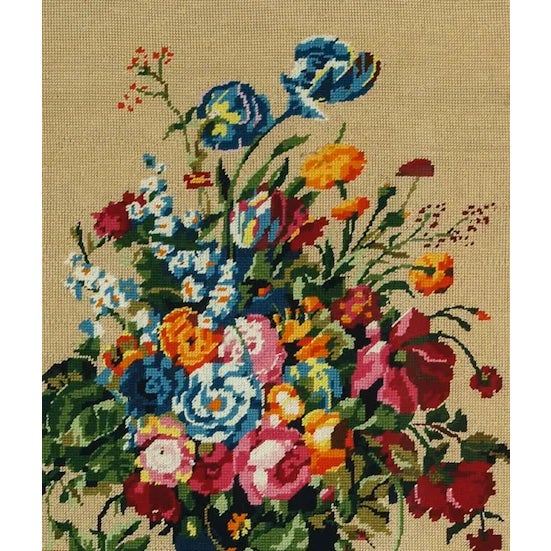 Colourful needlepoint floral bouquet in a lovely gilt frame with French blue inlay! Art: 19" x 25 1/4" Frame: 22 3/4" x 29"
