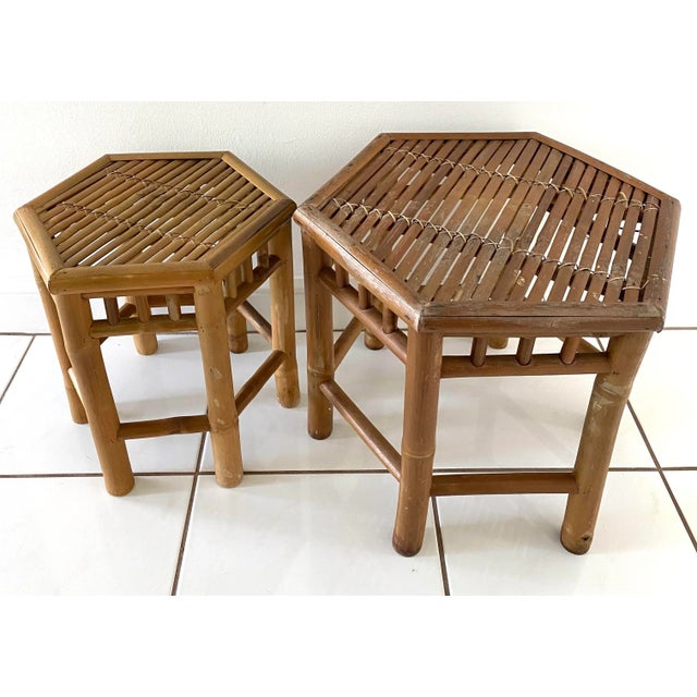 Wood Mid Century Bamboo Rattan Hexagon Nesting Tables - Set of 2 For Sale - Image 7 of 11