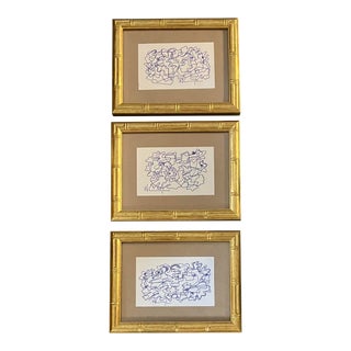 1980’s Vintage Wayne Cunningham Small Blue Abstract Ink Drawings Faux Bamboo Frames-Set of 3 For Sale