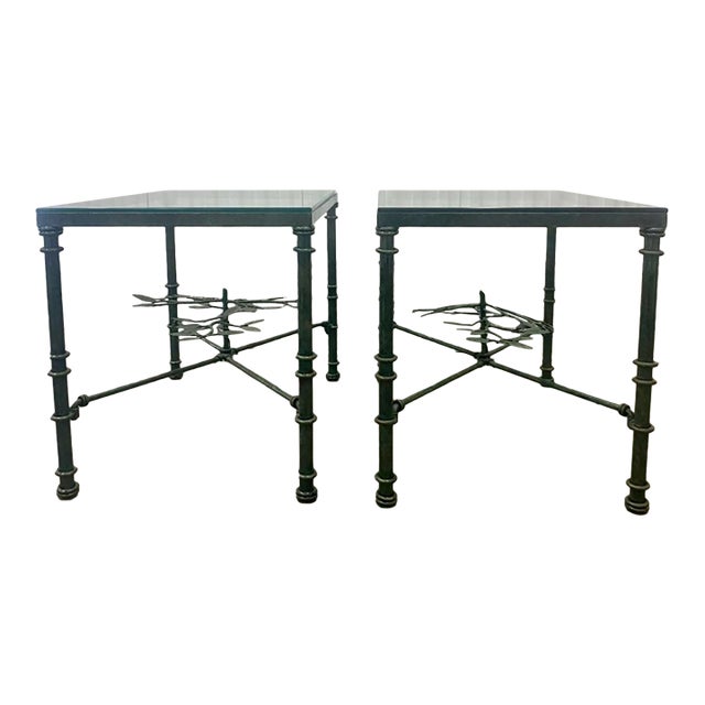Pair of Giacometti Style Glass Top Iron End Tables With Verdigris Green Patina For Sale