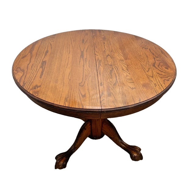 1980s 1980s Round Expansion Dining Room Kitchen Table Solid Cathedral Oak Carved Claw Feet For Sale - Image 5 of 15