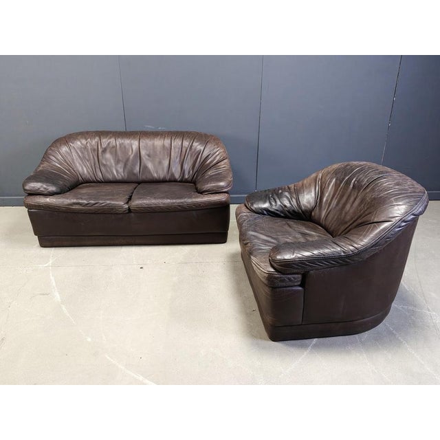 Vintage Brown Leather Sofa Set, 1970s, Set of 2 For Sale - Image 13 of 14