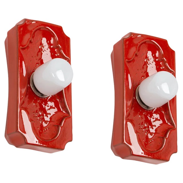 Ceramic Red Sputnik Wall Lights, Germany, 1970s, Set of 2 For Sale