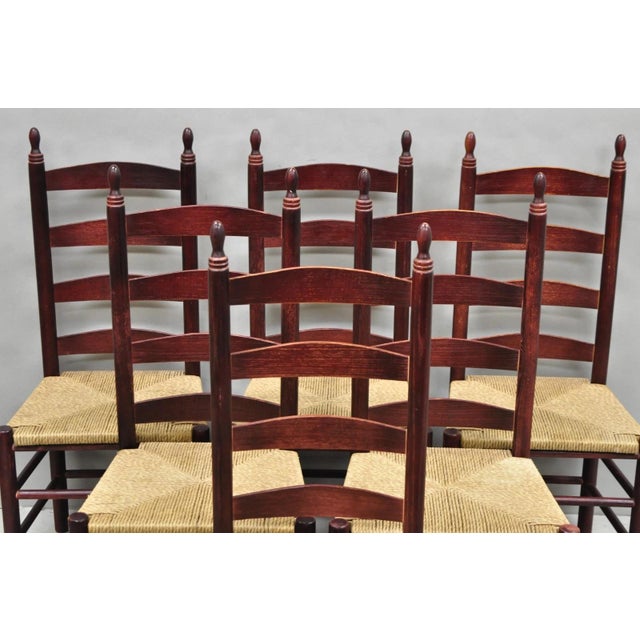 Late 20th Century Primitive Rustic Ladder Back Woven Rush Seat Dining Side Chairs - Set of 6 For Sale - Image 11 of 14