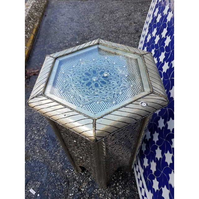 2010s Moroccan Hexagonal Metal Inlaid Side Table For Sale - Image 5 of 7