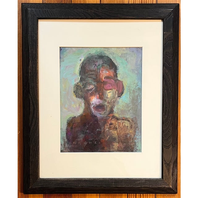 Don Keene abstract expressionist acrylic and oil pastel portrait of a man - painting on board. Titled verso "Reflecting on...