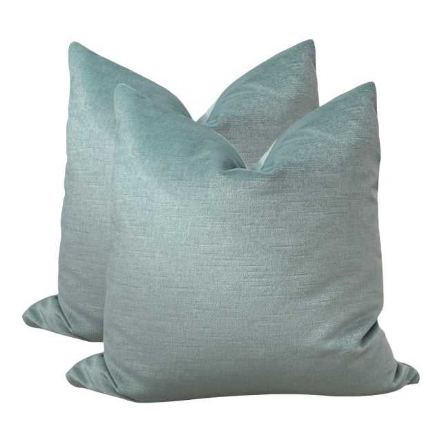 Elegant Celeste Blue High End Mohair Blend 22" Pillows - A Pair For Sale