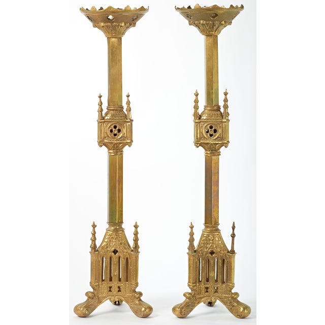 Pair Antique Gothic Cathedral Brass Candlesticks For Sale In Phoenix - Image 6 of 12