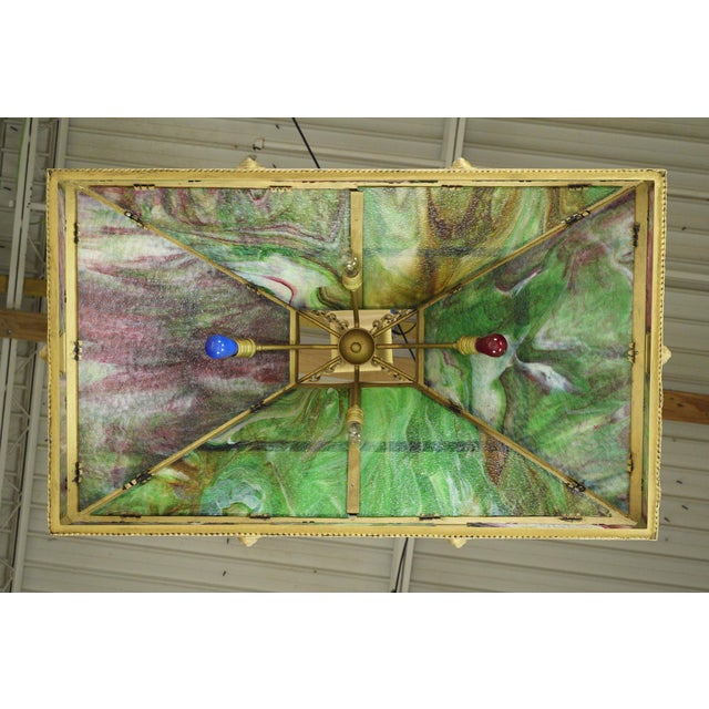 Mid 20th Century Arts & Crafts Figural Stained Glass Rectangular Brass Pendant Light For Sale - Image 13 of 14