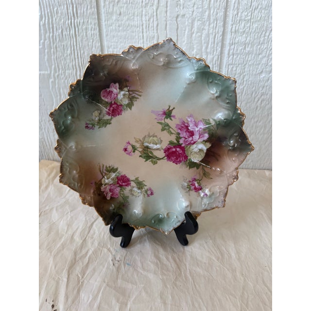 Victorian Antique Mz Austria Rose Porcelain Plate, Scalloped Gold Rim, Green Floral Cabinet Plate, Moritz Zdekauer, Circa 1900 For Sale - Image 3 of 9