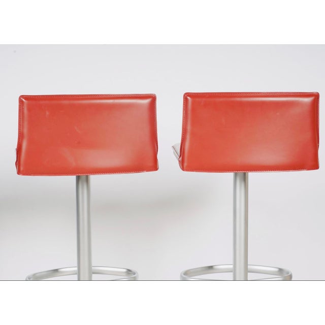 Set of Four Frag Bottega Italian Red Leather Adjustable Swivel Bar Stools For Sale In Los Angeles - Image 6 of 12
