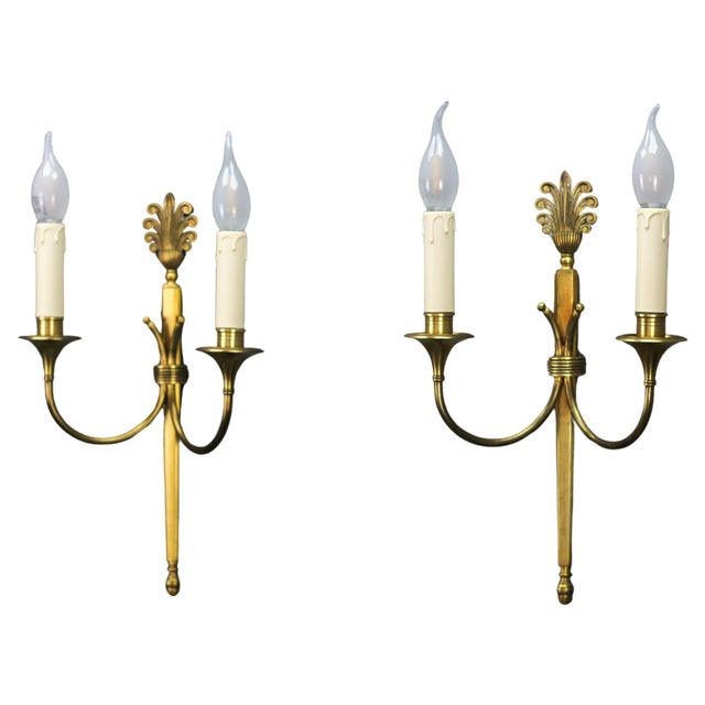 French Art Deco Brass Twin-Arm Sconces, 1930, Set of 2 For Sale