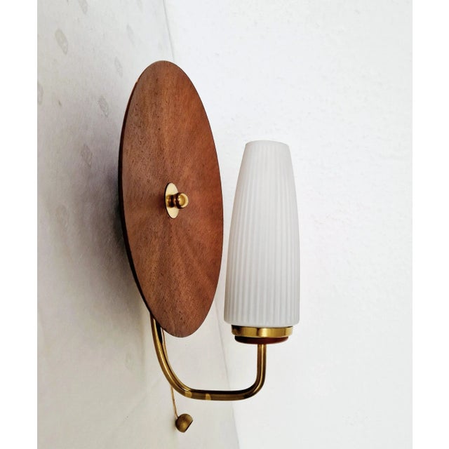 Mid-Century Modern 60's Mid-Century Modern Danish Teak Brass Tulip Glass Sconces, Italy Stilnovo For Sale - Image 3 of 12