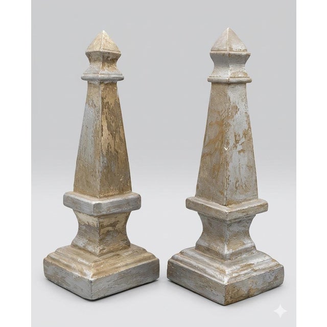 Taupe Pair Vintage Carved Lightweight Wooden Obelisks – 13.25” Architectural Accents From Indonesia - Neoclassical & Palm Beach Chic. See Pics! For Sale - Image 8 of 9