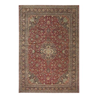 1940s Red Rust Floral Medallion Antique Kashan Mohtasham Knotted Wool Carpet Rug For Sale