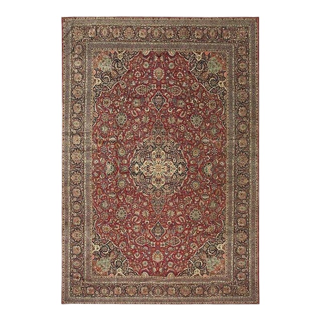 1940s Red Rust Floral Medallion Antique Kashan Mohtasham Knotted Wool Carpet Rug For Sale