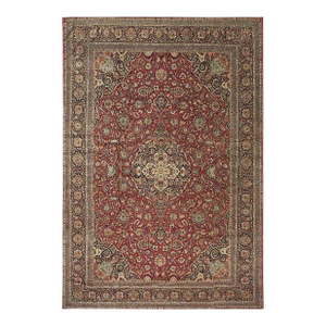 1940s Red Rust Floral Medallion Antique Kashan Mohtasham Knotted Wool Carpet Rug