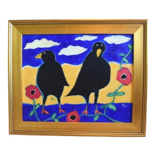 Folk Art Pair of Black Crows Portrait Oil Painting W/ Antiqued Gold Wood Frame For Sale