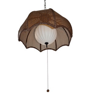 Large Vintage Brown Rattan Wicker Chain Swag Light Woven Split Reed Pendant Light For Sale