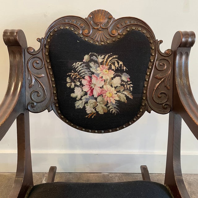 1930s Antique Carved Wood Needlepoint Rocking Chair | Chairish