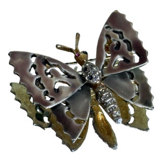 Vintage Capri 1960s Gold Tone Openwork Butterfly Brooch Florentine Enamel Statement Pin Capri Signed For Sale