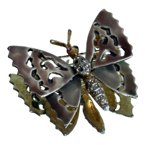 Vintage Capri 1960s Gold Tone Openwork Butterfly Brooch Florentine Enamel Statement Pin Capri Signed