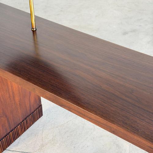 Brown Mid-Century Italian Walnut Vanity Console with Brass Legs and Circular Mirror, 1950s For Sale - Image 8 of 17