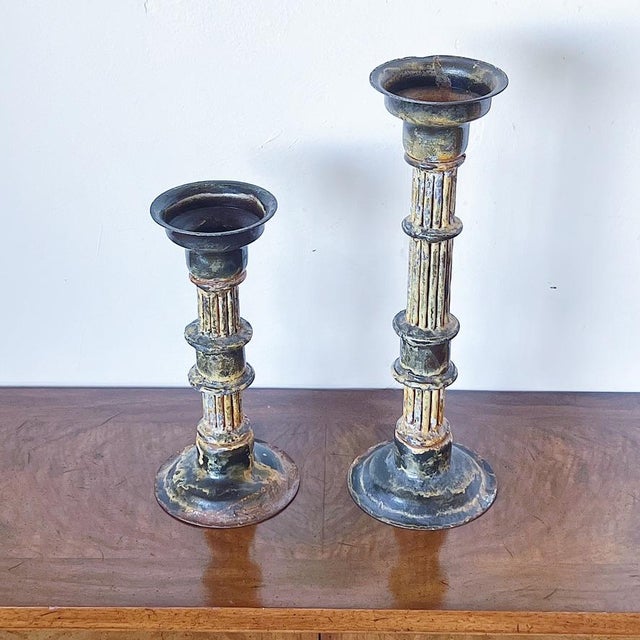 Brutalist Mid-Century Pottery Candlesticks in Graduated Sizes, a Pair For Sale - Image 3 of 6