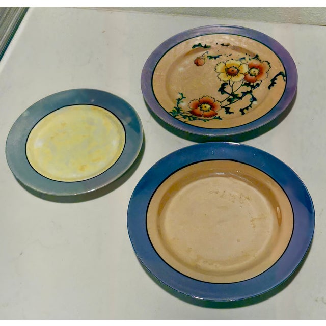 Early 20th Century 1920’s Chinoiserie Peach and Blue Lusterware Plates-Set of 12 For Sale - Image 5 of 9