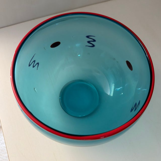 Modern Vintage Antonio Garcia Signed Small Bowl in Blue With Red Rim and Dots and Purple ZigZags For Sale - Image 3 of 8