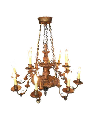 Custom Made Neo-Classic English 12 Arm Wood & Iron Chandelier