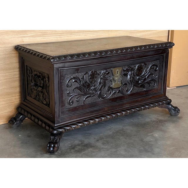 19th Century Spanish Carved Cassone Trunk with Original Hardware and Three Locks For Sale - Image 4 of 18